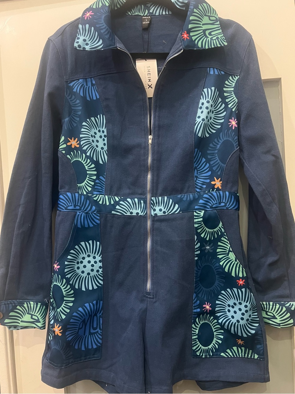 BRAND NEW SHEIN X Collar Floral Zip Front Casual Denim Romper Size Large